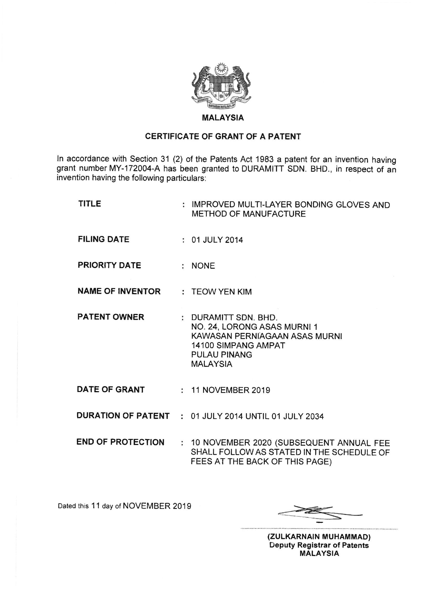 CERTIFICATE OF GRANT OF A PATENT