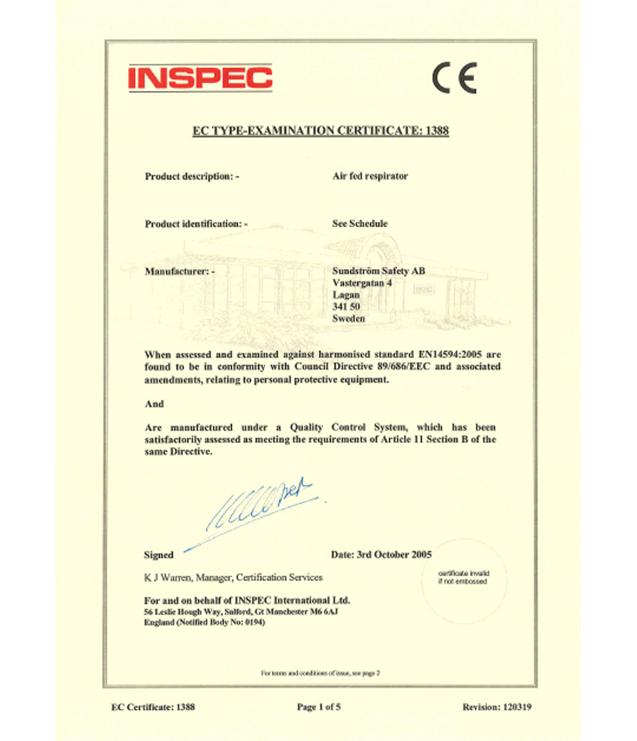 SUNDRUM RESPIRATOR CERTIFICATE